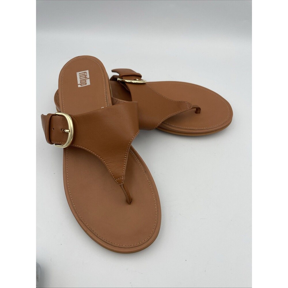 FitFlop Gracie Sandals Womens 7 Tan Brown Gold Buckle Leather Thong Summer Flats